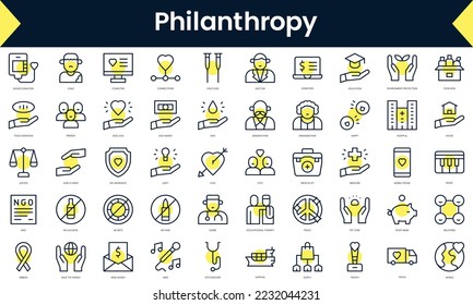 Set of thin line philanthropy Icons. Line art icon with Yellow shadow. Vector illustration
