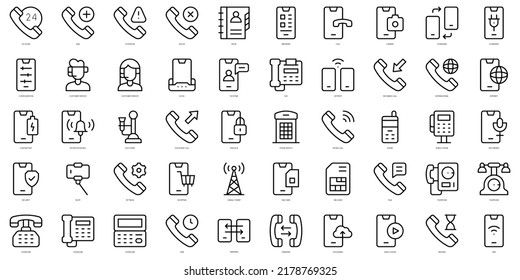 Juego de iconos de teléfono de línea delgada. Ilustración del vector