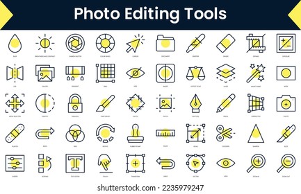 Set of thin line photo editing tools Icons. Line art icon with Yellow shadow. Vector illustration