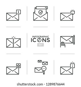 Set of thin line pictograms or linear symbols - letters in envelopes with various indicators, email, incoming message, online communication. Modern vector illustration for website.