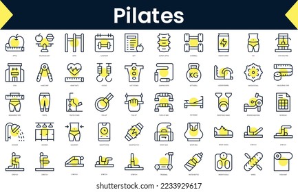 Conjunto de pilates de línea delgada Iconos. Icono de línea de arte con sombra amarilla. Ilustración del vector