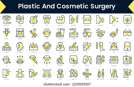 Set of thin line plastic and cosmetic surgery Icons. Line art icon with Yellow shadow. Vector illustration