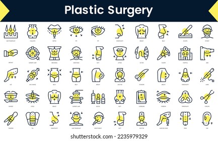 Set of thin line plastic surgery Icons. Line art icon with Yellow shadow. Vector illustration