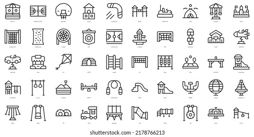 Juego de Iconos de un parque de juegos de línea delgada. Ilustración del vector