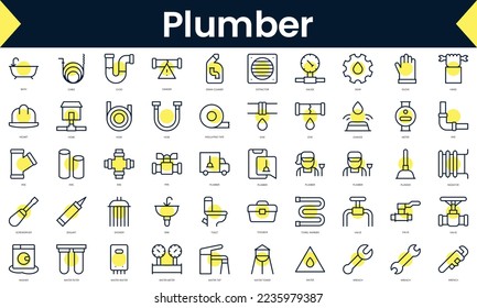 Conjunto de Iconos de plomero de línea delgada. Icono de línea de arte con sombra amarilla. Ilustración del vector