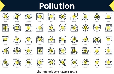 Set of thin line pollution Icons. Line art icon with Yellow shadow. Vector illustration