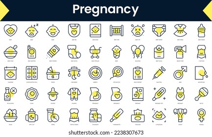 Set of thin line pregnancy Icons. Line art icon with Yellow shadow. Vector illustration