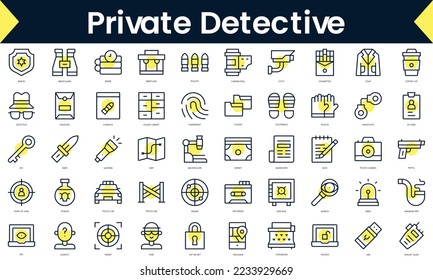 Set of thin line private detective Icons. Line art icon with Yellow shadow. Vector illustration