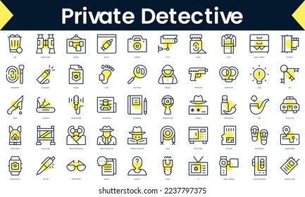 Set of thin line private detective Icons. Line art icon with Yellow shadow. Vector illustration