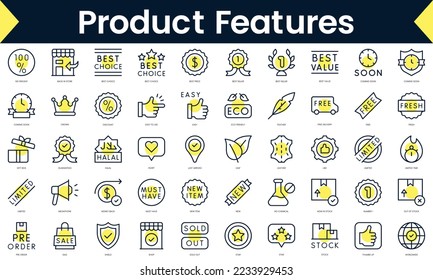 Set of thin line product features Icons. Line art icon with Yellow shadow. Vector illustration