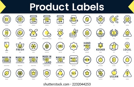 Set of thin line product labels Icons. Line art icon with Yellow shadow. Vector illustration