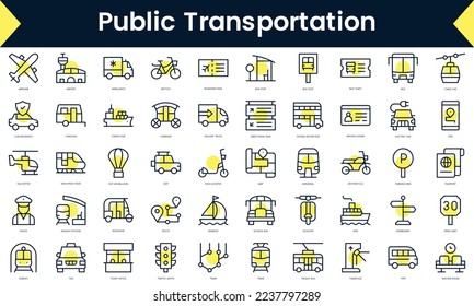 Conjunto de Iconos de transporte público en línea delgada. Icono de línea de arte con sombra amarilla. Ilustración del vector