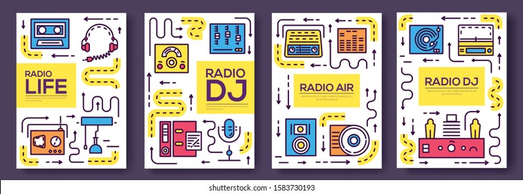 Set of thin line radio life day concept. Art old school tv equipment, magazine, book, poster, abstract, banner, element. Vector workspace in office outline package greeting card or invitation brochure