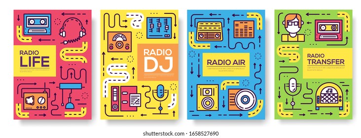 Set of thin line radio life day concept. Art old school tv equipment, magazine, book, poster, abstract, banner, element. Vector workspace in office outline package greeting card or invitation brochure