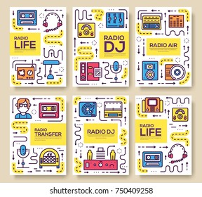 Set of thin line radio life day concept. Art old school tv equipment, magazine, book, poster, abstract, banner, element. Vector workspace in office outline package greeting card or invitation brochure