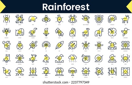 Set of thin line rainforest Icons. Line art icon with Yellow shadow. Vector illustration