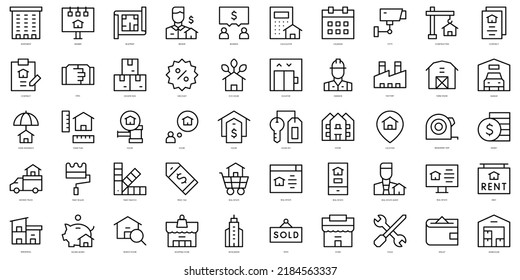 Juego de Iconos inmobiliarios de delgada línea. Ilustración del vector