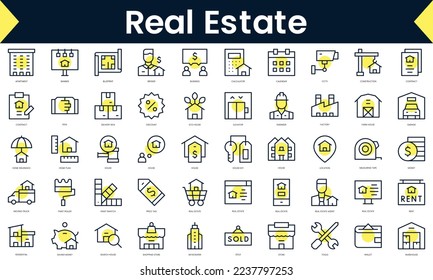 Set of thin line real estate Icons. Line art icon with Yellow shadow. Vector illustration