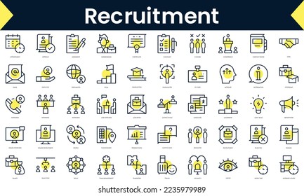 Set of thin line recruitment Icons. Line art icon with Yellow shadow. Vector illustration