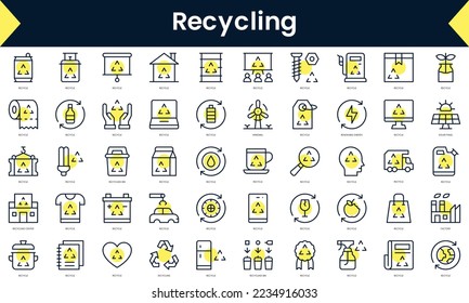 Set of thin line recycling Icons. Line art icon with Yellow shadow. Vector illustration