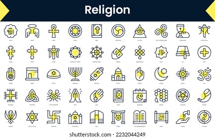 Set of thin line religion Icons. Line art icon with Yellow shadow. Vector illustration