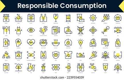 Conjunto de Iconos de consumo responsable de delgada línea. Icono de línea de arte con sombra amarilla. Ilustración del vector