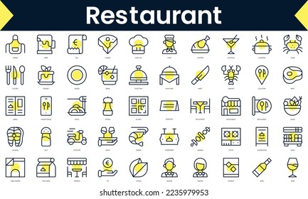Set of thin line restaurant Icons. Line art icon with Yellow shadow. Vector illustration
