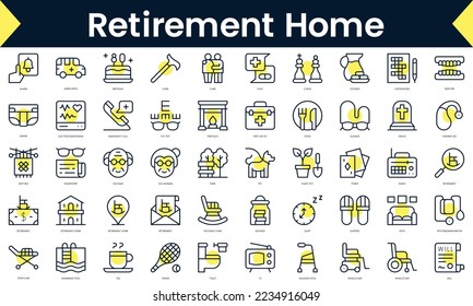 Set of thin line retirement home Icons. Line art icon with Yellow shadow. Vector illustration