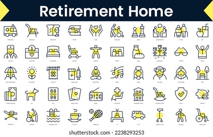 Set of thin line retirement home Icons. Line art icon with Yellow shadow. Vector illustration