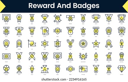 Set of thin line reward and badges Icons. Line art icon with Yellow shadow. Vector illustration