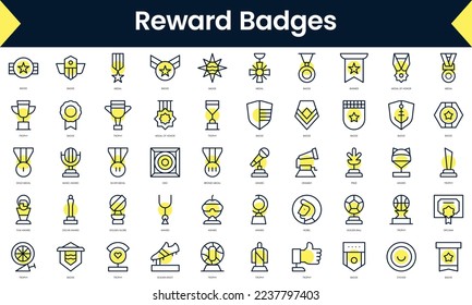 Set of thin line reward badges Icons. Line art icon with Yellow shadow. Vector illustration