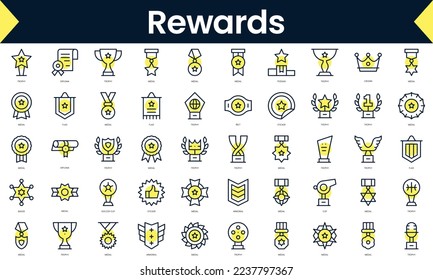 Set of thin line rewards Icons. Line art icon with Yellow shadow. Vector illustration