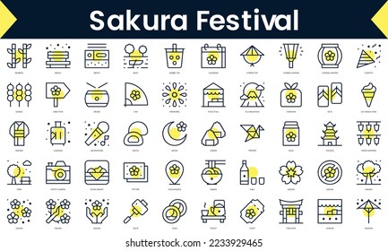 Set of thin line sakura festival Icons. Line art icon with Yellow shadow. Vector illustration