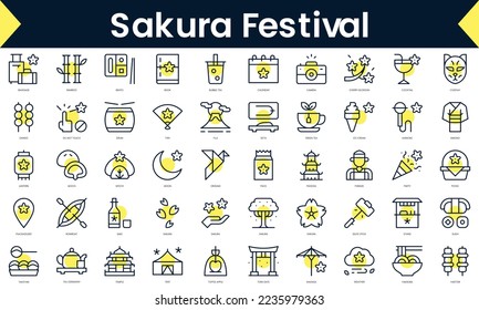 Set of thin line sakura festival Icons. Line art icon with Yellow shadow. Vector illustration
