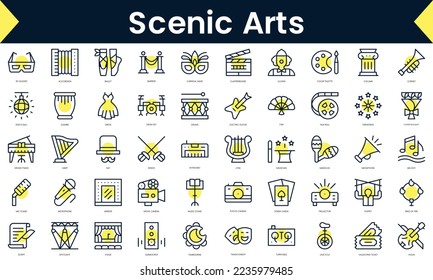 Set of thin line scenic arts Icons. Line art icon with Yellow shadow. Vector illustration