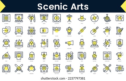 Set of thin line scenic arts Icons. Line art icon with Yellow shadow. Vector illustration