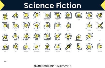 Set of thin line science fiction Icons. Line art icon with Yellow shadow. Vector illustration