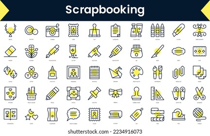 Set of thin line scrapbooking Icons. Line art icon with Yellow shadow. Vector illustration