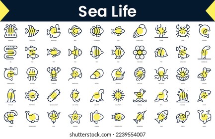 Set von dünnen Linie Meer Leben Symbole. Line Art Symbol mit gelbem Schatten. Vektorgrafik