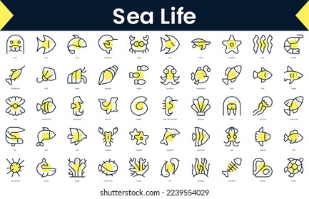 Set von dünnen Linie Meer Leben Symbole. Line Art Symbol mit gelbem Schatten. Vektorgrafik