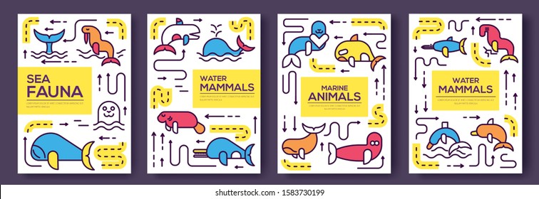 Set of thin line sea mammals animal pattern concept. Art fish in ocean, magazine, book, poster, abstract, banners, element. Vector outline package greeting card or invitation brochure design.