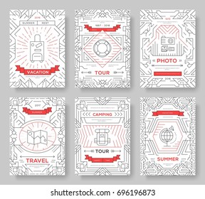 Set of thin line seabeach pattern concept. Art  summer activities, magazine, book, poster, abstract, banners, element. Vector different equipment  outline package greeting card or invitation brochure.