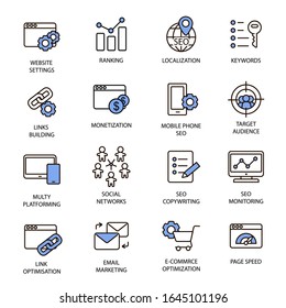 Set of thin line seo optimization, rank result, keywording and link building icons for mobile apps and web design.