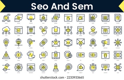 Set of thin line seo and sem Icons. Line art icon with Yellow shadow. Vector illustration