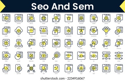 Set of thin line seo and sem Icons. Line art icon with Yellow shadow. Vector illustration