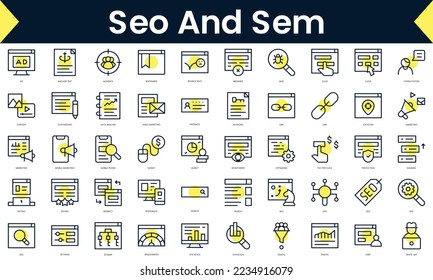 Set of thin line seo and sem Icons. Line art icon with Yellow shadow. Vector illustration