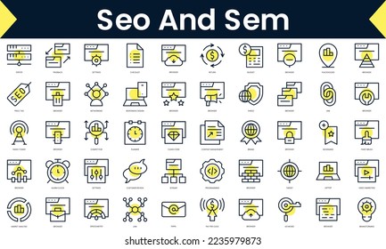 Set of thin line seo and sem Icons. Line art icon with Yellow shadow. Vector illustration