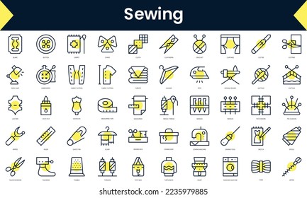 Set of thin line sewing Icons. Line art icon with Yellow shadow. Vector illustration