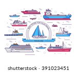 Set of thin line ship flat yacht, scooter, cargo, steamship, ferry, fishing boat, tug, bulk carrier, vessel, pleasure, cruise  with sea background concept. Vector outline illustration
