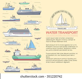 Set of thin line ship flat yacht, scooter, cargo, steamship, ferry, fishing boat, tug, bulk carrier, vessel, pleasure, cruise  with sea background concept. Vector outline illustration